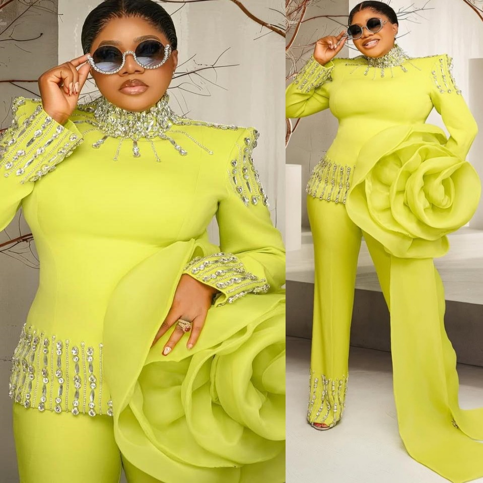 Yellow Mermaid Prom Jumpsuits Dresses 2025 Crystals Flower Satin Evening Formal Party Second Birthday Engagement Gowns Plus Size Dress For Special Occ