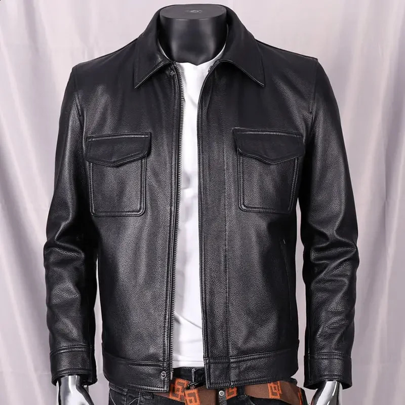 Autumn Winter Classic Motorcycle Jackets Men Turn-down Collar Leather Jacket Mens Natural Cowhide Thick Moto Jacket 241230