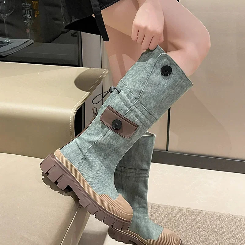 Women Blue Denim Thigh High Boots Thick Heels Simple Thick High Heels Autumn Winter Fashion Platform Knee High Knight Boots 241231