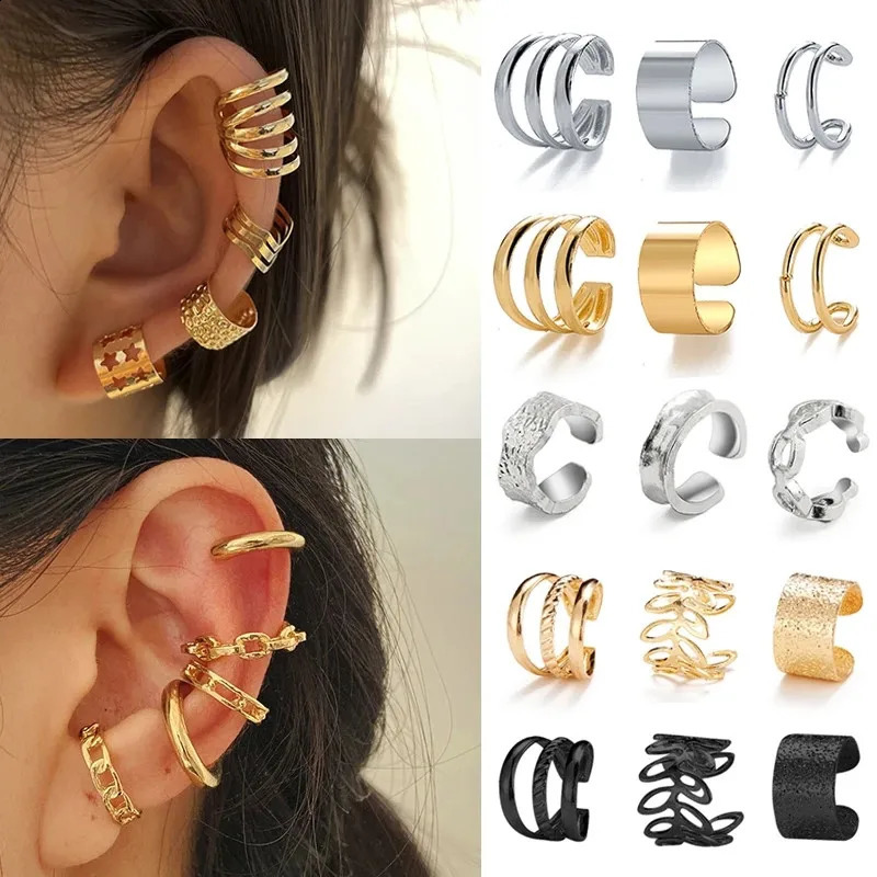 KOTiK 2024 Gold Silver Color Leaves Clip Earrings for Women Fashion Ear Cuff NonPiercing Set Trend Jewelry Gift 241225