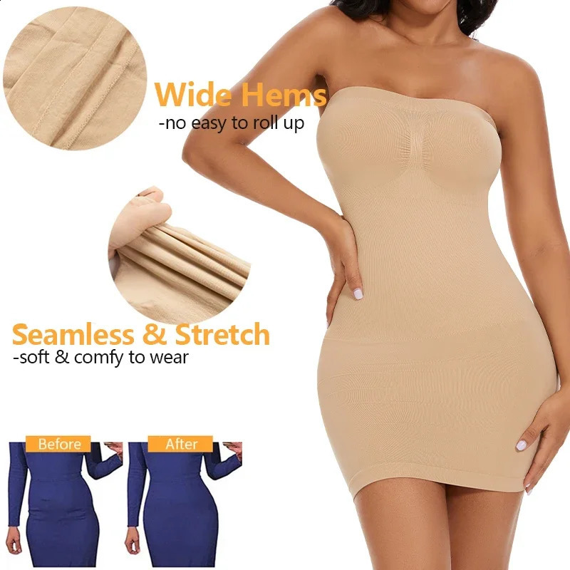 Sexy Full Slip Shapewear Women Dress Off Shoulder Bodycon Strapless Underdress Smooth Compression Body Shaper Slimming Waist 241231