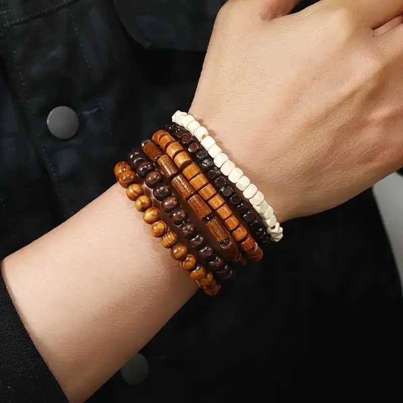24 pieces/set mens retro Tren multi-layer bracelet set Versatile Elastic Thread wooden bead bracelet W241231