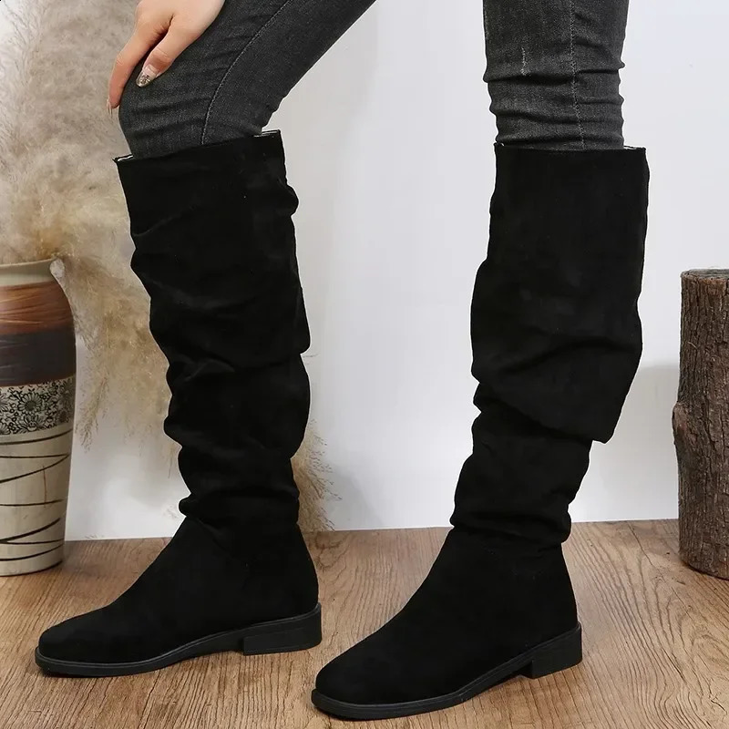 Autumn and Winter Fashion Sexy Solid Color Warm Round Toe Thick Bottom Low Heel Comfortable Womens Boots Black Botas Mujer 241231