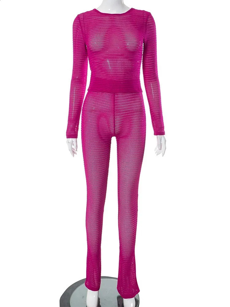 Weird Puss See Through Women 2 Piece Set Thin Sexy Long Sleeve Crop TopsLeggings Matching Solid Summer Fashion Stretch Clubwear 241230