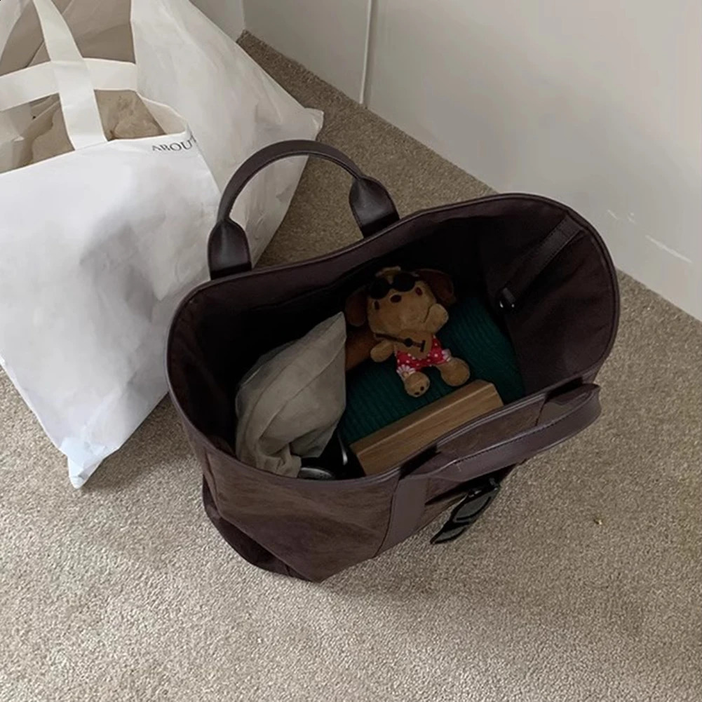 Frosted Vintage Womens Tote Bag Large Capacity Shoulder Bag Solid Color Casual Handbag Retro Autumn Winter Ladies Shopper Bags 241231