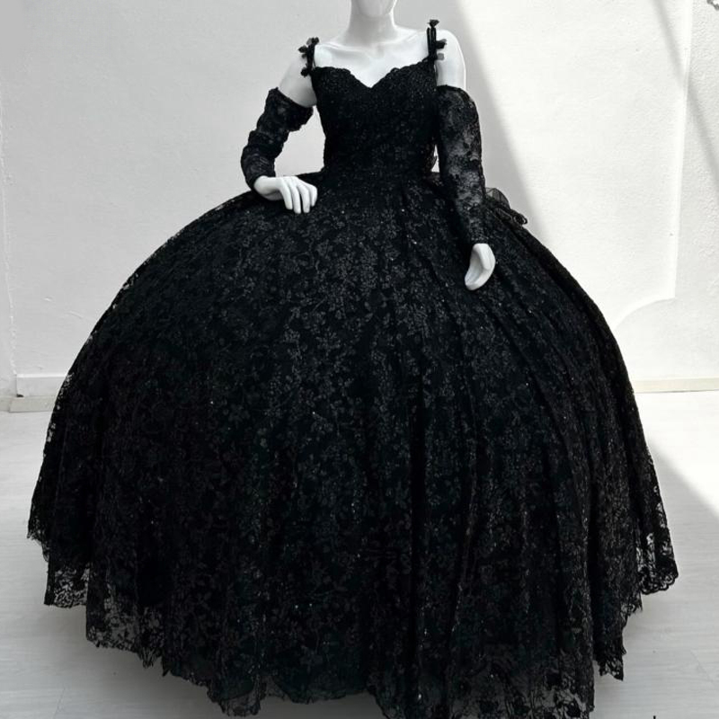 Black Sparkly Quinceanera Dresses Off Shoulder Sequin Appliques Lace Beads Tull Ball Gown Sweet 16 Dress Party Birthday Vestidos De 15 Anos