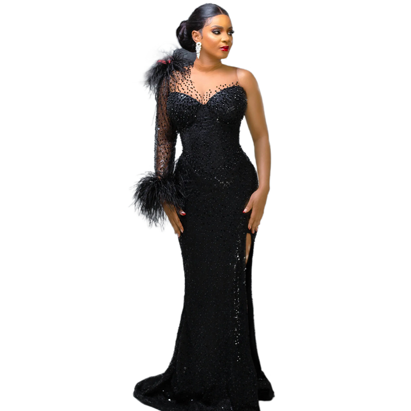 Luxurious Black Prom Dresses Beaded Pearls Sequins Sheer One Shoulder Feathers Long Sleeve Side Split Evening Gowns 2025 Arabic African Special Occasi
