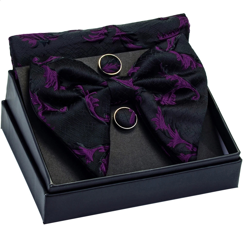 Fashion Silk Big Bowtie Handkerchief Cufflinks Set Bule Black Paisley Floral Jacquard Hanky Bow Ties For Men Business With Box 241230