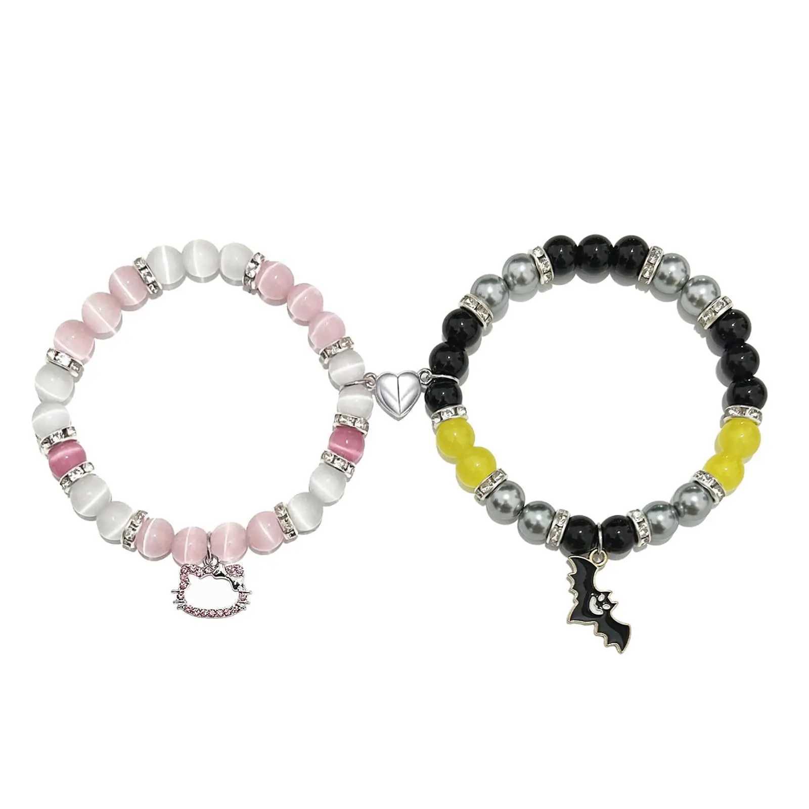 2 pieces/set of pink Hello Cat bead bracelets suitable for womens heart magnetic matching couple bracelets girls holiday jewelry gifts W241231