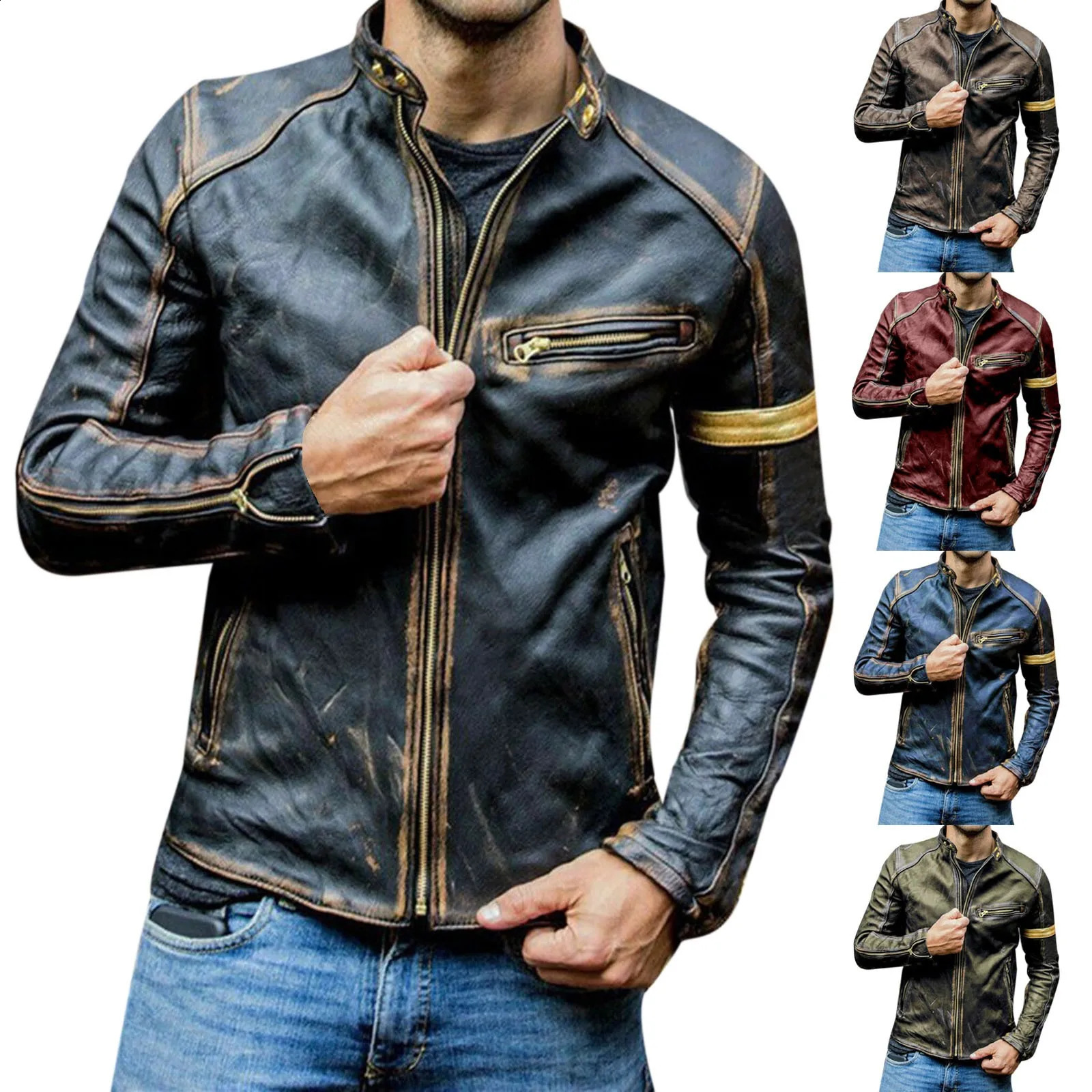 Mens Biker Leather Jacket Stand Collar Punk burgundy Motorcycle Zipper handsome Autumn Winter Coat Leatherwear Outerwear Male 241230