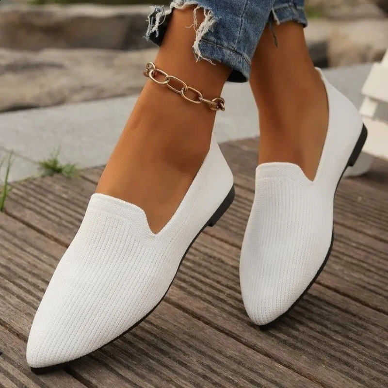 Women Solid Color Pointed Head Mesh Loafers Shallow Woman Flats Soft Bottom Knit Ballet Flat Shoes Casual Slip on Boat 241225