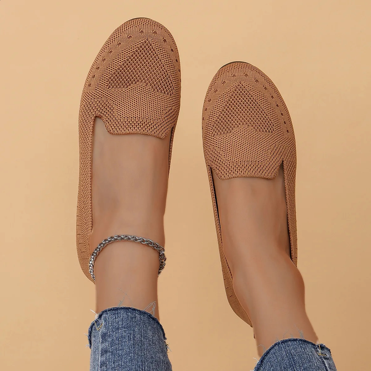 Plus Size 43 Womens Casual Round Toe Flat Shoes Solid Color Knitted Slip on Office Work Boat Shoe Loafers Zapatos Mujer 241225