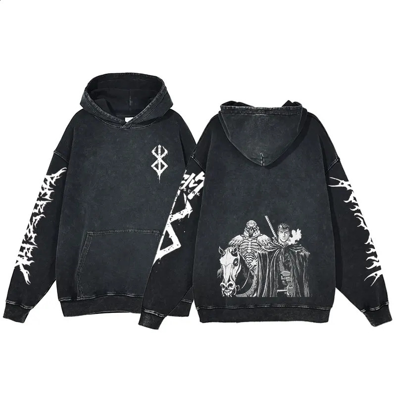 Berserk Anime Acid Washed Hoodie Mens Clothing Vintage Cotton Hoodies Women Hip Hop Hooded Sweatshirts Y2K Clothes Oversized 241230