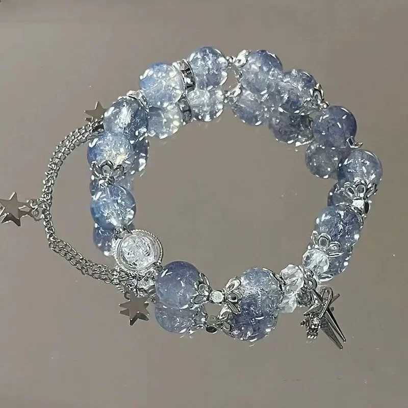 Niche Design Star Chain Tassel Bracelet Womens Fantasy Blue Crystal Bead Elastic Rope Bracelet Best Friend Jewelry Gift W241231