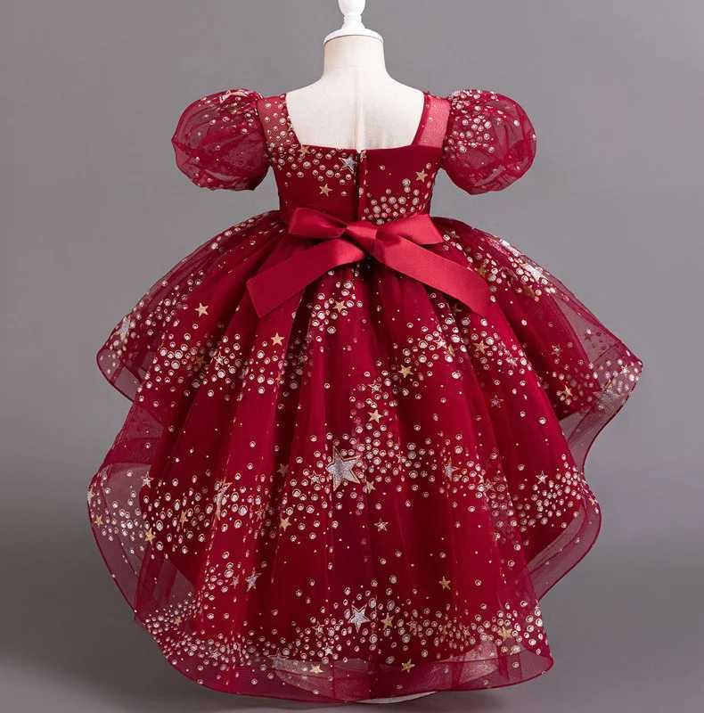 Childrens Christmas Par Dress Girls Carnival Tail Bow Wedding Dress Childrens Elegant Glitter Mesh Princess Dress W241231