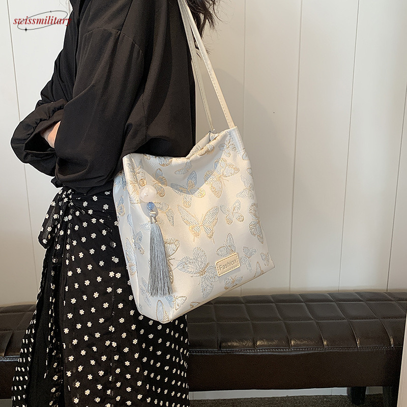 New Chinese style handbag, silk satin, high-end and versatile bucket bag, 2025 new summer women's single shoulder crossbody underarm bag swissmil