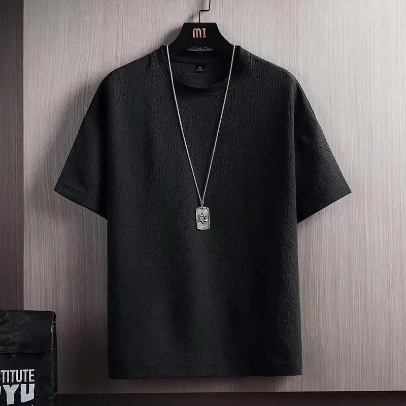 Mens Casual ShortSleeved Summer HalfSleeved Loose Fashion TShirt Base Shirt High Quality Polyester Solid Color 241223