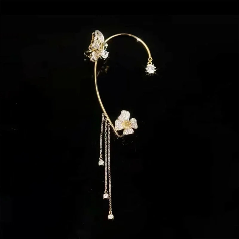 Korean Sparkling Zircon Flower Butterfly Ear Cuff Without Piercing Tassel Clip Earrings for Women Simple Fine Jewelry 241225