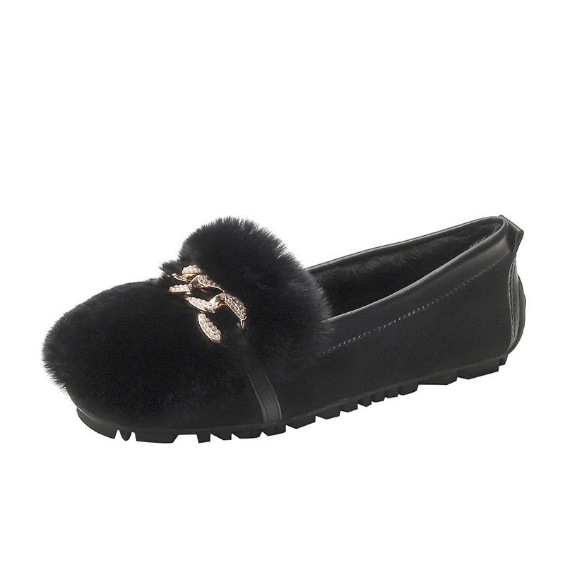 2025 new Glitter Rhie chain flat 6271d loafers winter plush cotton shoes women large size warm fur moccasins shallow slip-on espadrilles