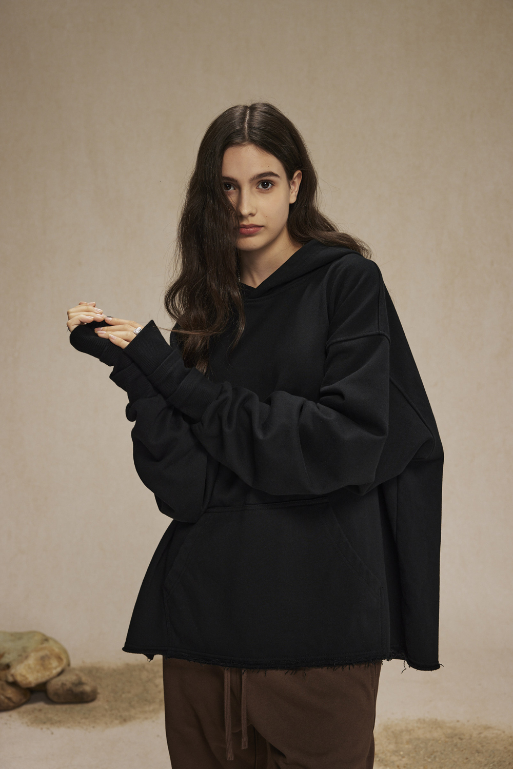 Overlapping Three Threaded Cuffs With Exposed Finger Holes Frayed Hem Damaged Hooded Mouse Bag Hoodie