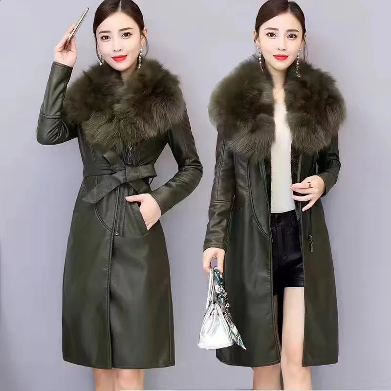 2023 Fashion Fur Collar Winter PU Leather Coat Women Solid Adjustable Waist MidLength Slim Jacket Lady Casual Warm Outwear 241223