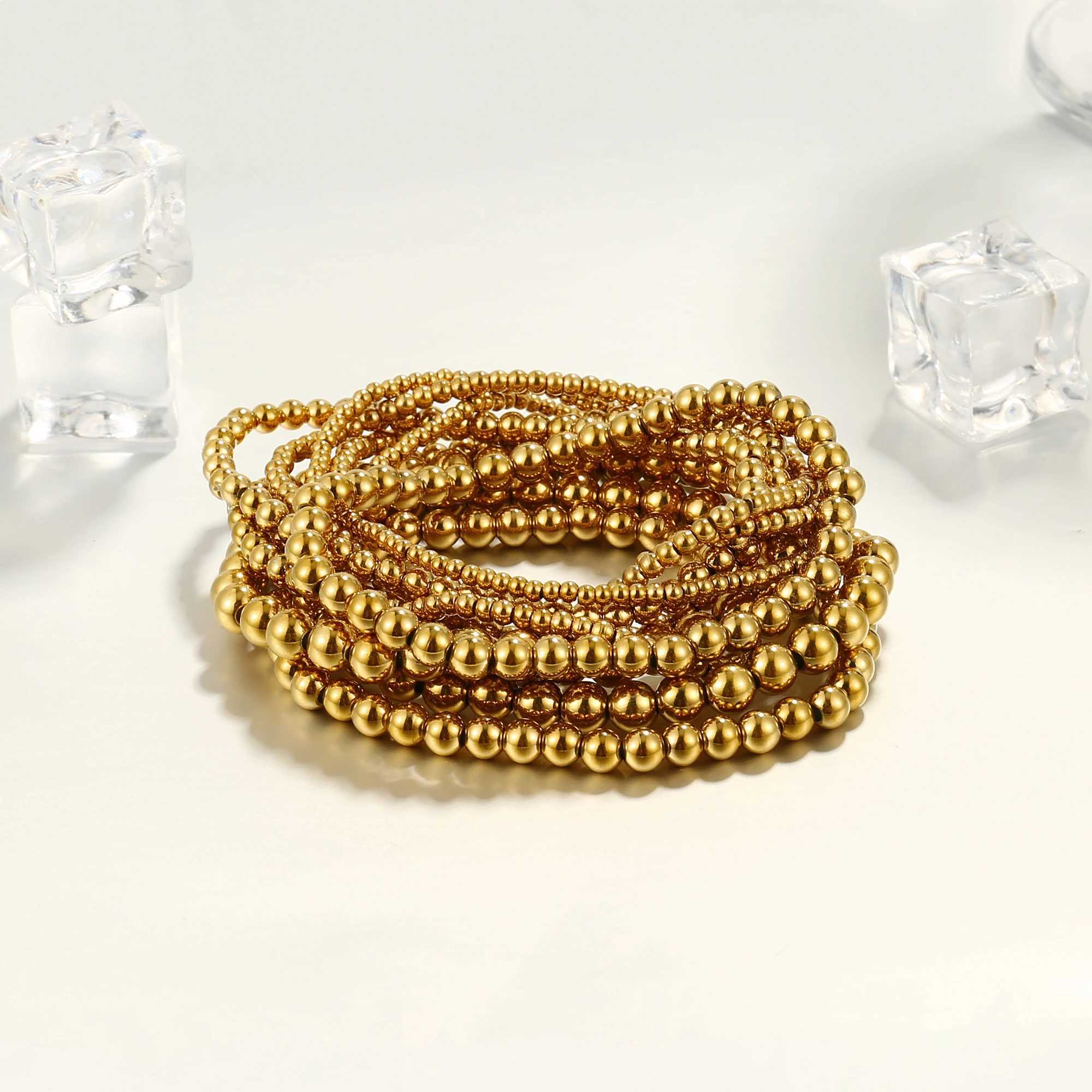Joya Stainless Steel Bead Bracelet Womens Gold Bead Stretchable Elastic Waterproof Bracelet Jewelry Gift W241231