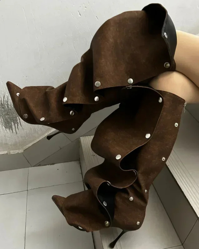 High Heel Long Boots for Women High Botte Winter Boots Shoes for Botas Mujer Thin Heeled Pointed Denim Boots Metal Button Shoes 241231