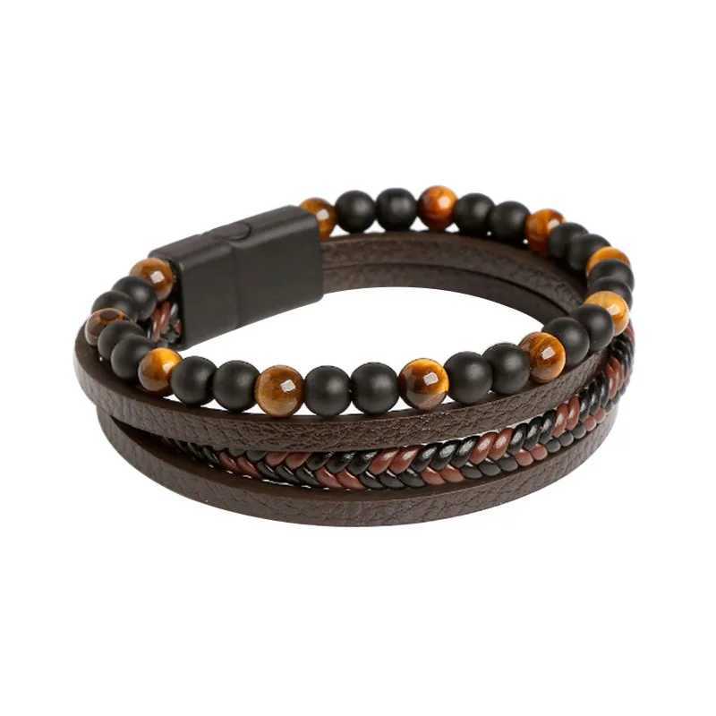 High quality leather bracelets for men classic and fashionable tiger eye beads multi-layer leather bracelets for men charming jewelry gifts W241231