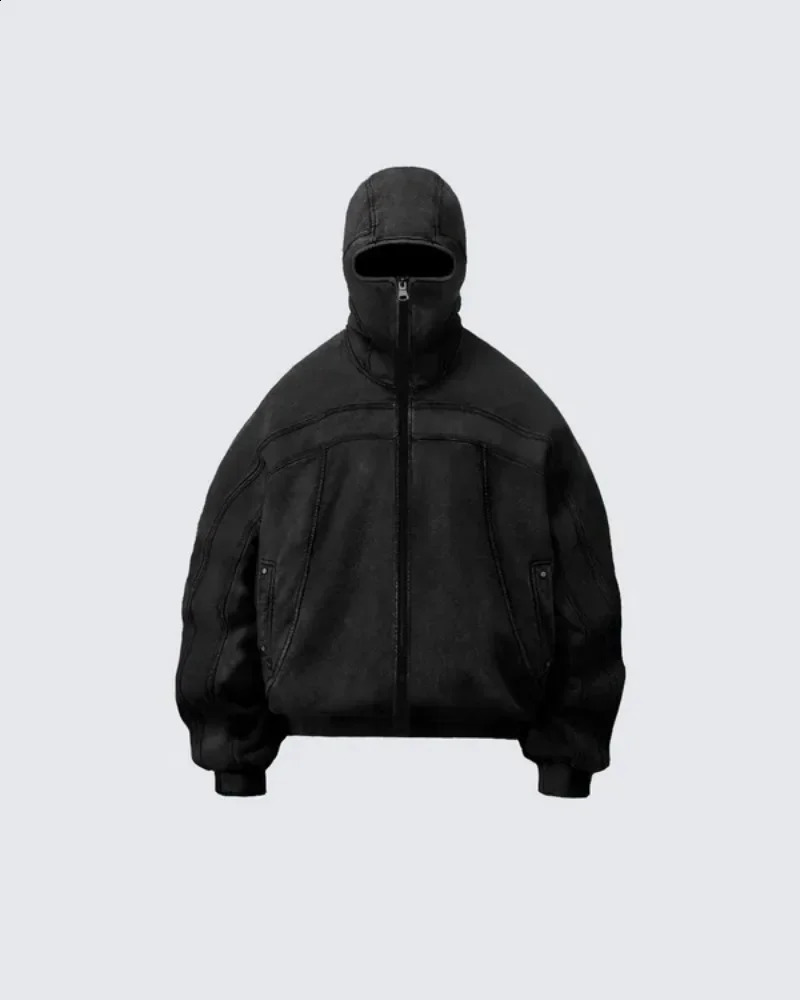 Classic Balaclava Hoodie Men Washed Gray Ninja Pullover Sweatshirt Hip Hop Splicing Y2k Vintage Winter Streetwear Couple Tops 241230