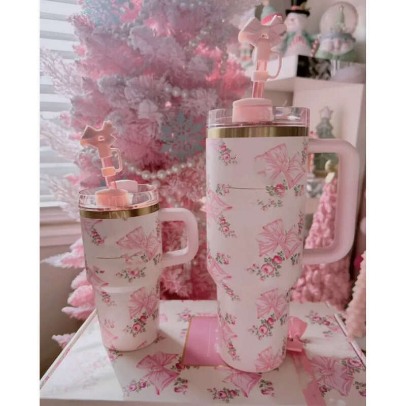 14Oz 40Oz Bow Cap LOVE SHACK FANCY Rosa Beaux Pink Cups Rose Blue Magnolia Lilac Ral Stainless Steel Tumblers With Silicone Handle Lid Straw Mugs