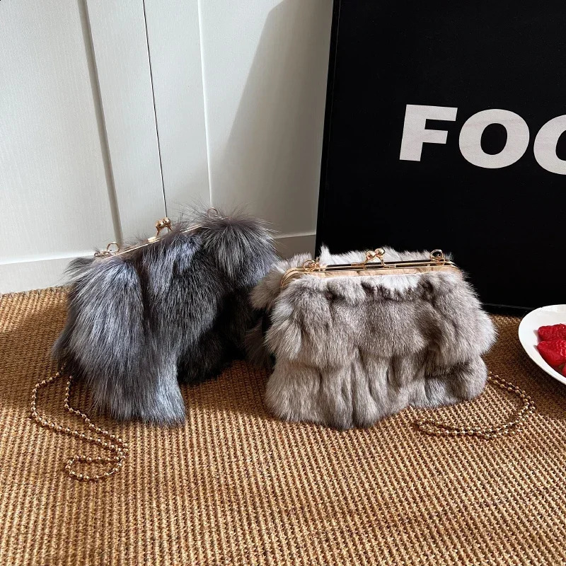 Winter Soft Plush Evening Bags For Elegant Women Fox Fur Dinner Party Clutch Chain Crossbody Warm Fluffy Handbag 241231