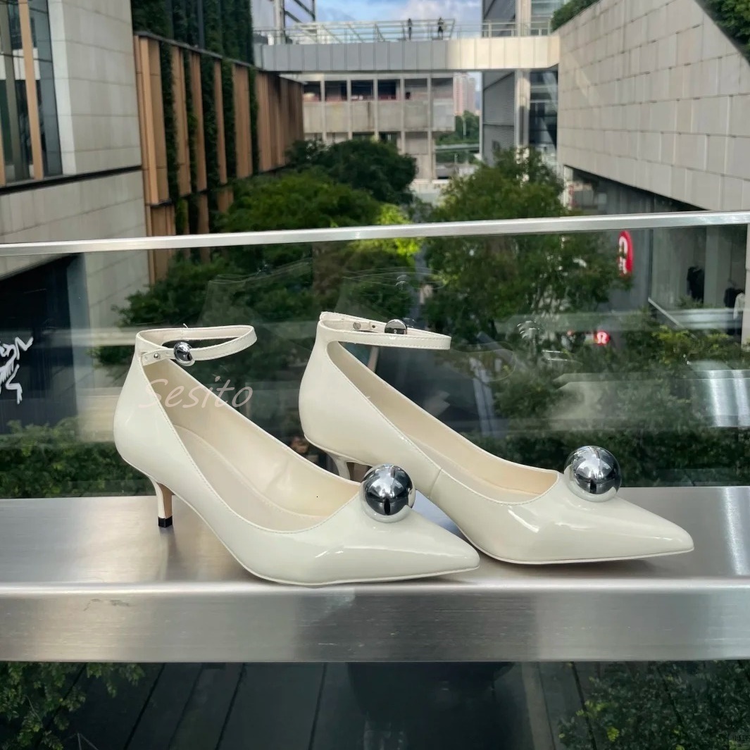 Pointy Toe Kitten Heels Pumps Round Ball Decor Ankle Buckle Fashion Women Classic Dress Sandals Office Lady Daily Casual Shoes