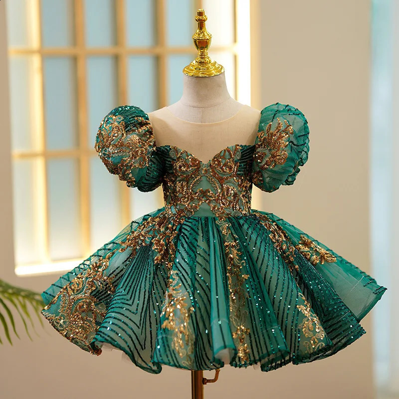 Kids Party Green Gold Dresses for Girls Size 1 - 12 Years Birthday Po Shoot Gown Evening Formal Lace Dress Prom Frock 241230