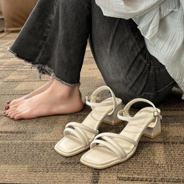 Sandals 2024 Summer Buckle Strap Clear Heels Retro Woman Shoes High Female Open Toe Original High-heeled Girls Peep Block Pu