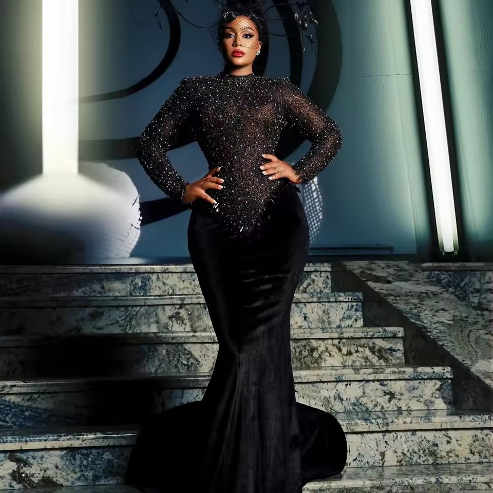 Classy Black Veet Birthday Dress Formal Ocn Aso Ebi Style Beaded Sequins Prom Party Gowns African Customized 0220