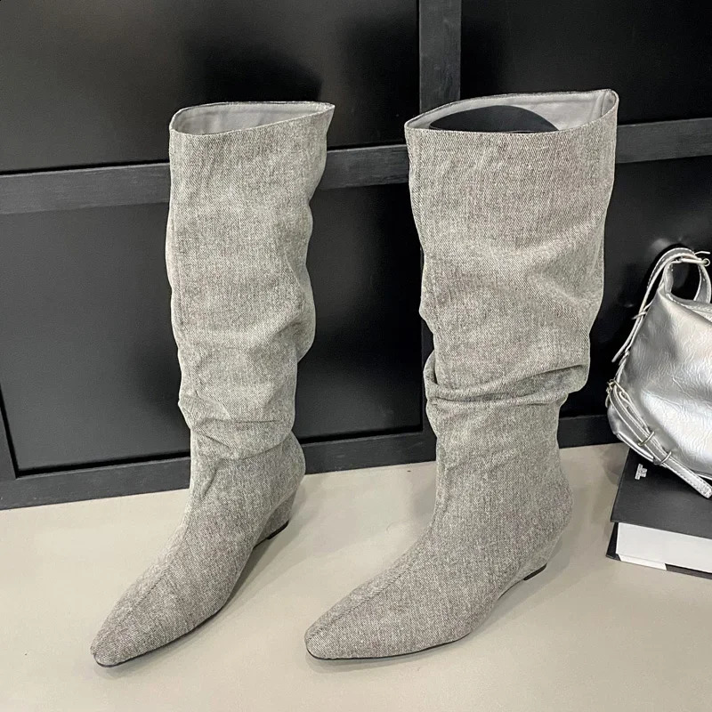 Eilyken Winter DENIM Pleated Pointed Toe Women Knee-High Boots Fashion Wedges High Heels Female Shoes 241231