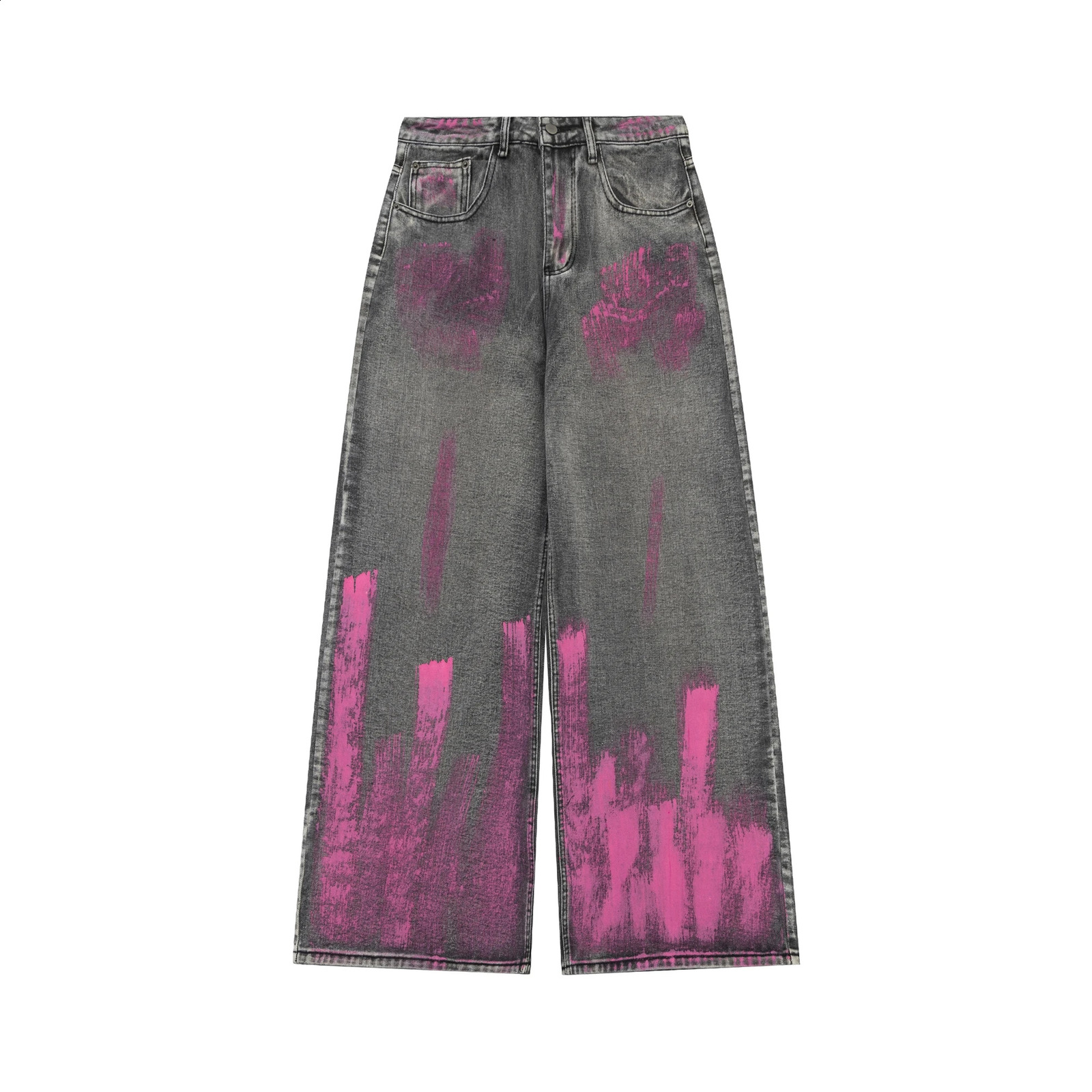 Pink Hand-painted Graffiti Washed Jeans Streetwear Men Y2k Jeans 241230