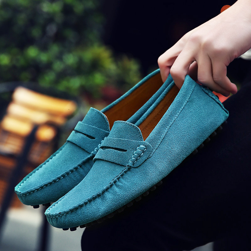 Classic Blue Loafers Breathable Suede Leather Casual Flats Slip-On Driving Men Peas Shoes Big Size 49
