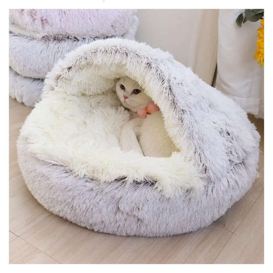 Dog Large Bed Round Donut Calming Cat Beds Anti Anxiety Cave With Hooded Blanket For Warmth And Security S