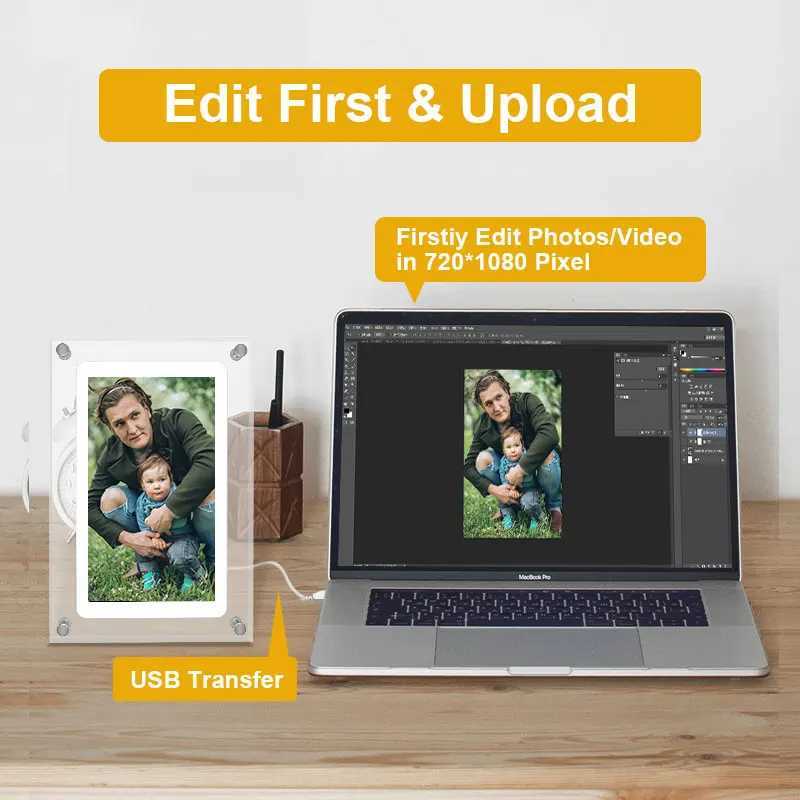 Frames Acrylic digital photo frame 5-inch 1000mAh IPS screen 2G memory volume button speaker C-type cutting gift for Loved Porta Retrato CL241231
