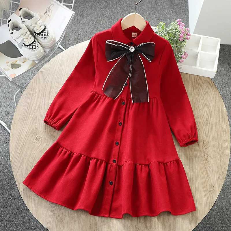 2024 Autumn Retro Bow and Crystal New Girl Princess Dress Cotton Youth Casual Laminated Clothing Baby Clothing Preschool 12 Years W241231