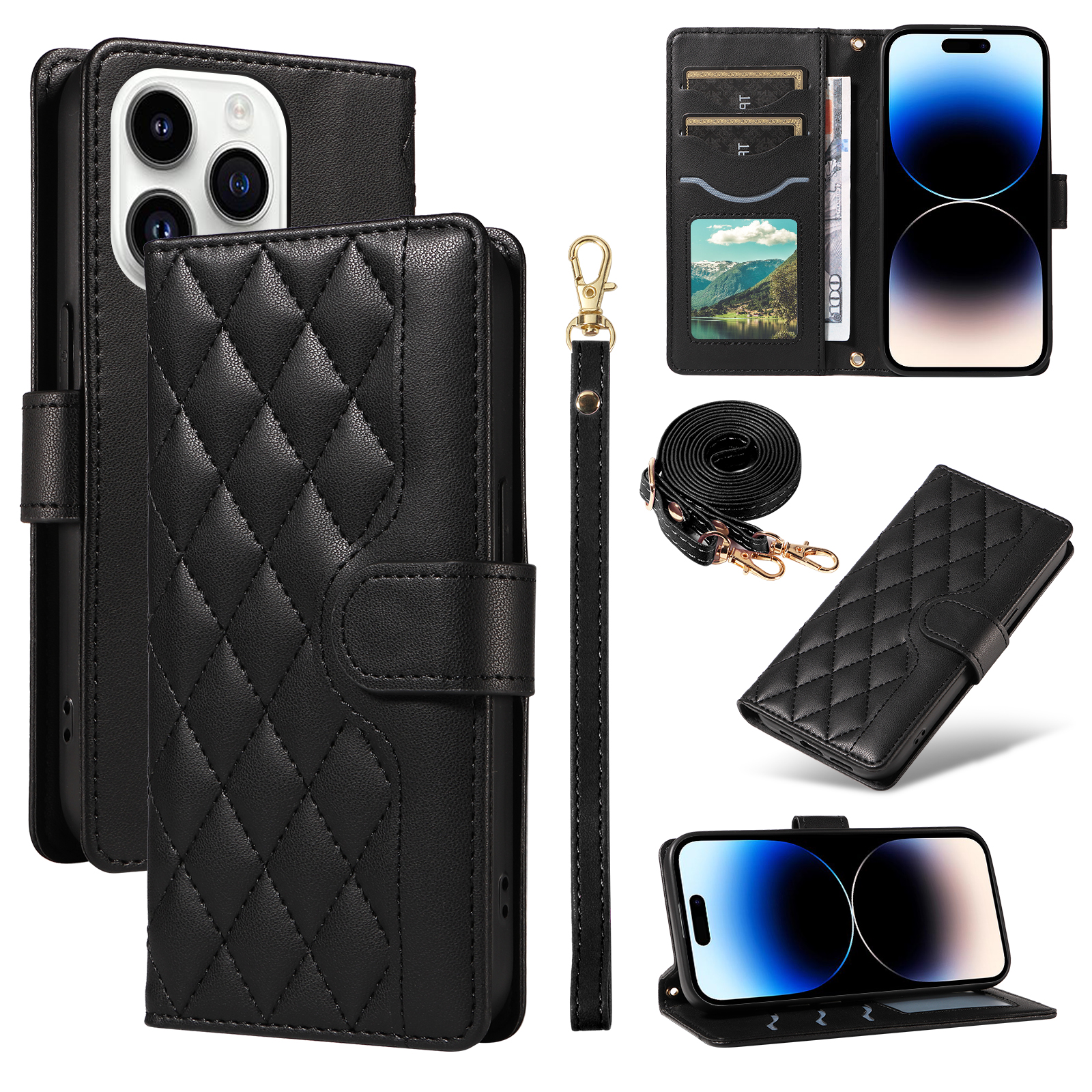 Crossbody Wallet Phone Case for iPhone 16 15 14 13 12 11 Pro Max Long Shoulder Strap 3 Card Slots Rhombus Grid PU Leather Shockproof Magnetic Buckle Flip Cellphone Cover