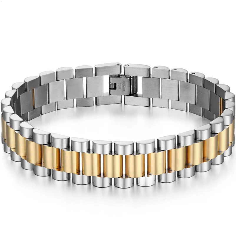 15MM 7 8 9 Stainless Steel Watch Band Link Chain Mens Bracelets For Man Gold Color Hand Bracelet Length Adjustable Wholesale 241230