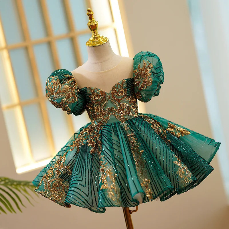Kids Party Green Gold Dresses for Girls Size 1 - 12 Years Birthday Po Shoot Gown Evening Formal Lace Dress Prom Frock 241230