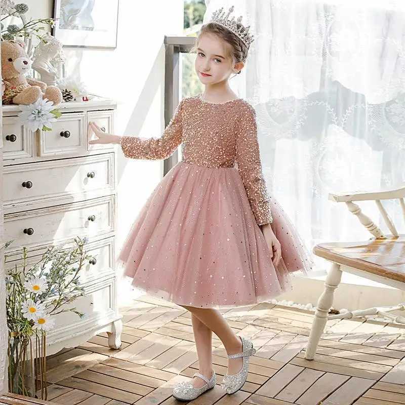 Childrens Birthday Evening Dress Pink Girl Piano Girl Little Girl T-Stage Flower Childrens Wedding Dress Princess Dress Autumn and W241231