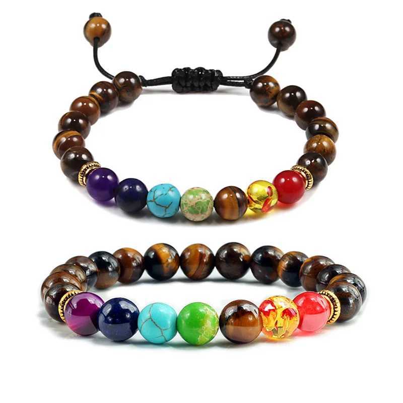 Mens 7-Chakra Bead Bracelet Tiger Eye Stone Chakra Prayer Charm Buddha Bracelet Adjustable Jewelry Gift W241231