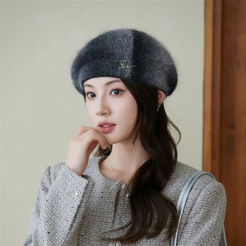 Rabbit hair knitted Thick Berets Autumn Winter Warm Hat Artist Beret Women Painter Hat Girls Female Walking Cap Vintage Casual 241226