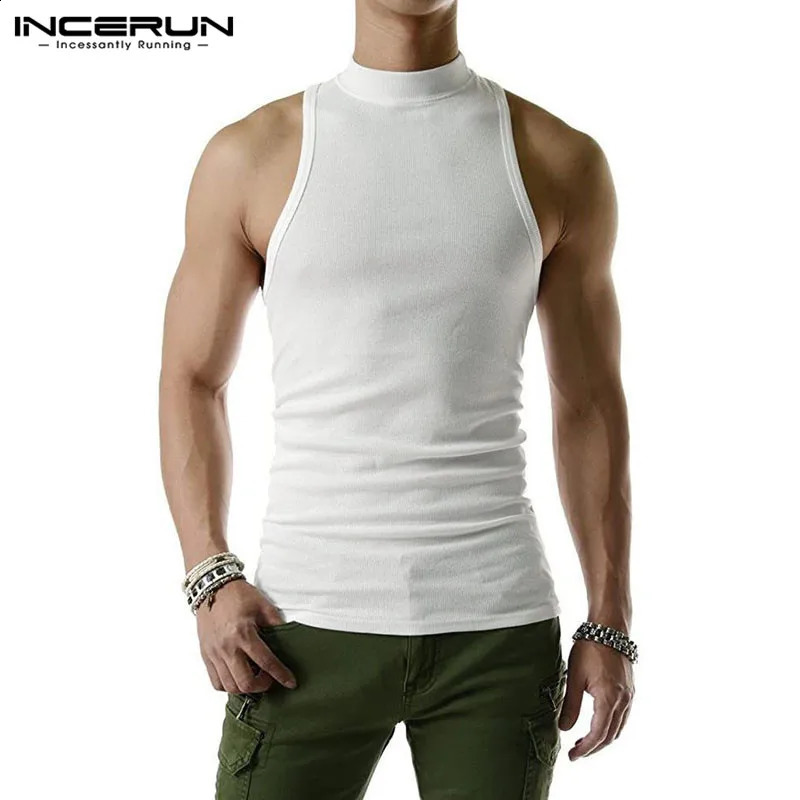 Men Tank Tops Turtleneck Sleeveless Knitted Casual Vests Summer Streetwear Solid Color Fashion Men Clothing INCERUN S-5XL 241230