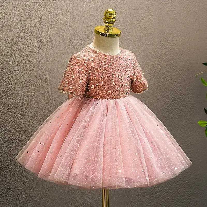 Childrens Birthday Evening Dress Pink Girl Piano Girl Little Girl T-Stage Flower Childrens Wedding Dress Princess Dress Autumn and W241231