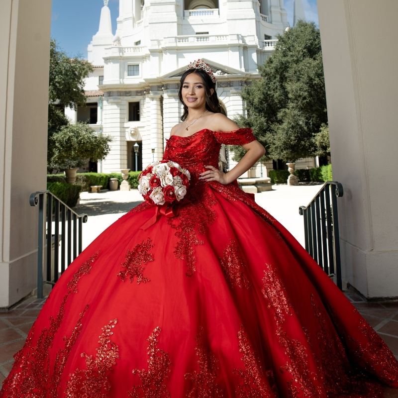 Red Quinceanera Dresses Ball Gown Off The Shoulder Sequin Applique Lace Beading Bow Tull Party Birthday Sweet 16 Vestido De 15 Anos